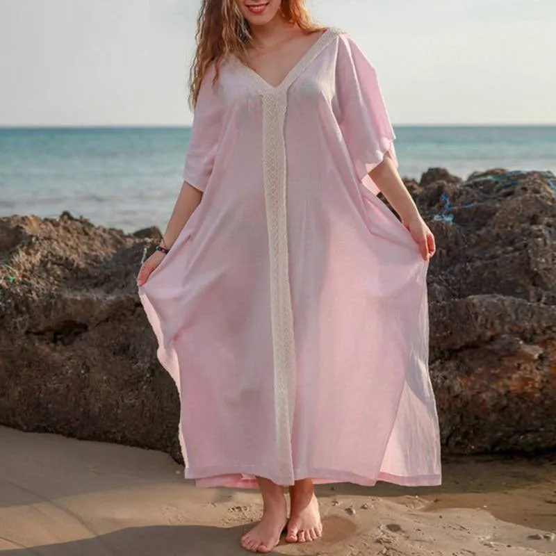 

Fashion Nice Tide Bohemian V Collar Solid Lace Long Dress Women Ethnic Style Beach Party Dress Large Size Loose Dresses
