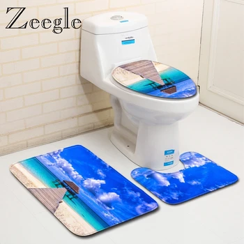 

Zeegle Summer Beach Printed Bath Mat Bathroom Carpet Rug Non-Slip 3 Piece Toilet Mat Set Floor Microfiber Rugs Shower Mats