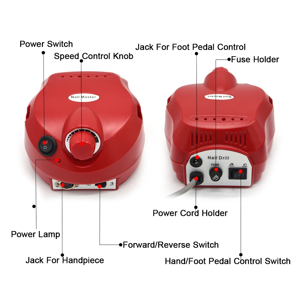 Красная электрическая дрель для ногтей 35000 об/мин, профессиональная машинка для педикюра, маникюра, пилочка для ногтей, аксессуары для дизайна ногтей, резчик для ногтей
