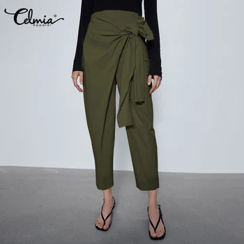 

Women High Waist Trousers Celmia Fashion Asymmetrical Casual Bow Office Wide Leg Pants Plus Size Solid Vintage Pantalon Femme