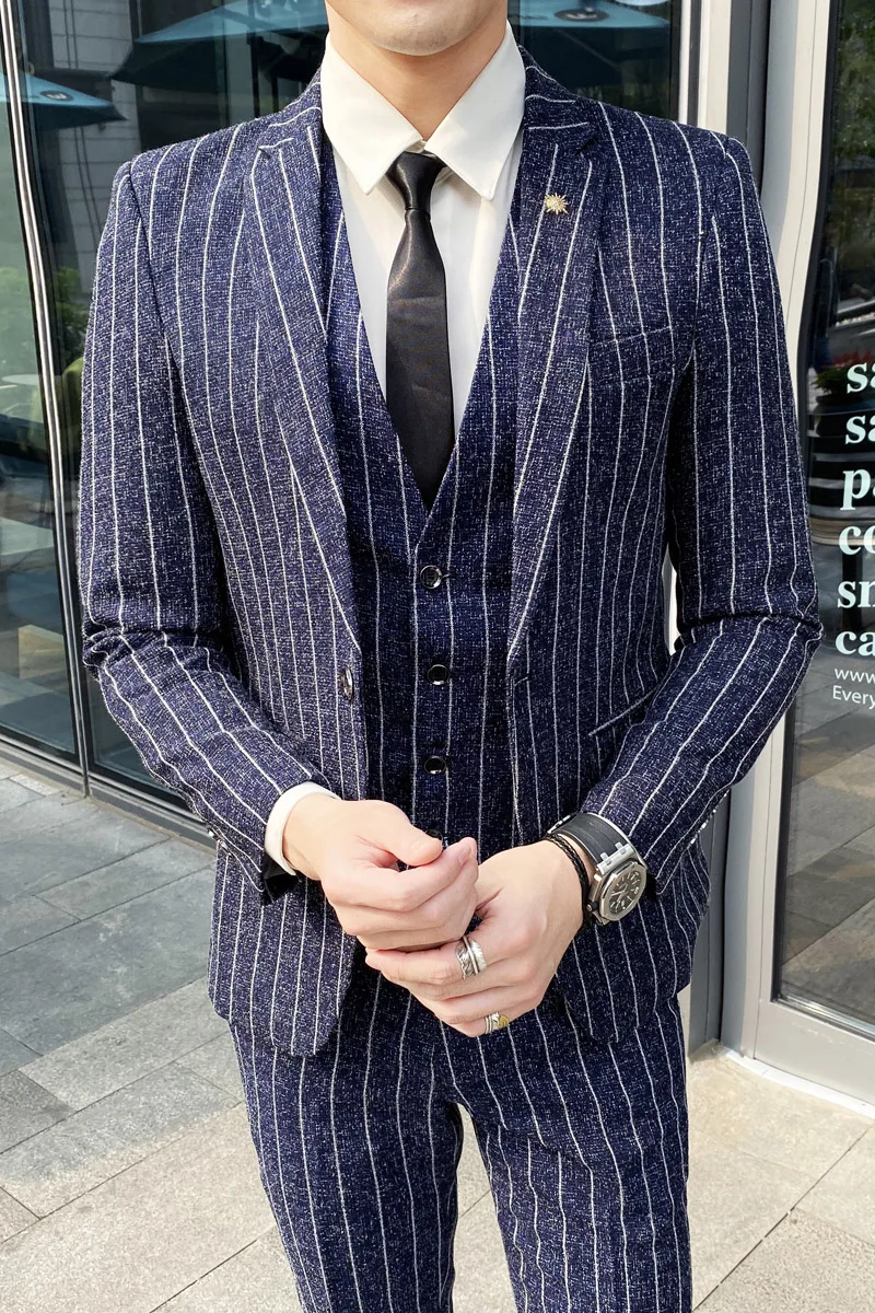 Striped men's suit 3-Pieces Blazers+Pant Fashion Korean Slim Fit Casual men's tuxedo wedding men suits groom suit business