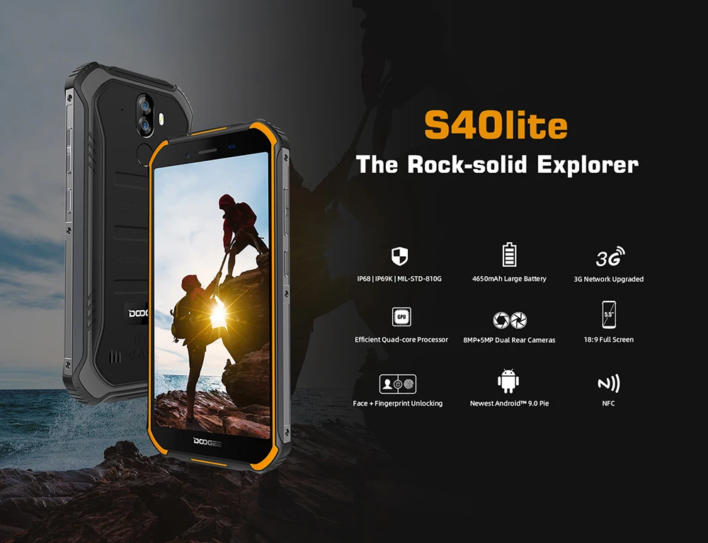 IP68 DOOGEE S40 Lite прочный мобильный телефон 5,5 дюймов дисплей 4650 мАч 8,0 МП отпечатков пальцев четырехъядерный 2 ГБ 16 ГБ Android 9,0