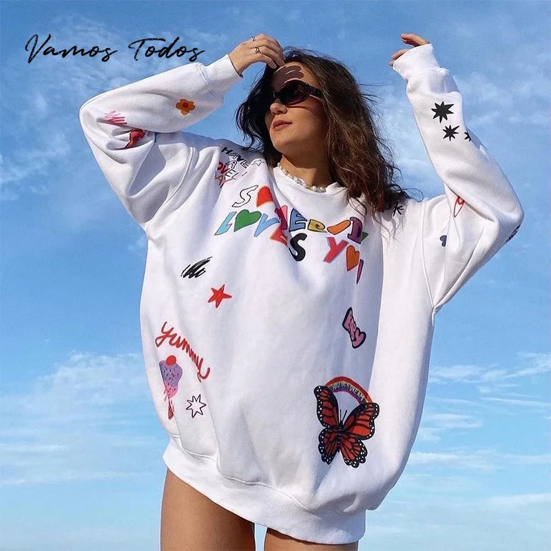 2021 Autumn Letter Printed Hoodies Tops Long Sleeve O-neck Pullover Sweatshirts Women Oversized Hoodies for Women Vamos Todos
