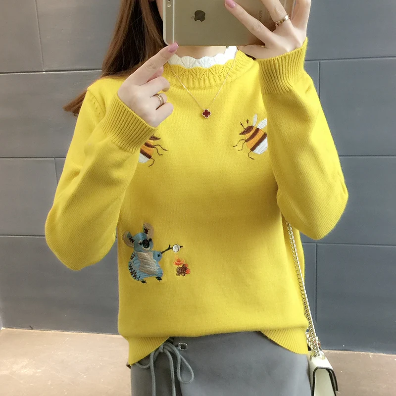 

2023 New Autumn Fashion Knitted Women Pullover Tops Bee Printed Knit Sweaters Fall Warm Turtleneck Pullovers Jumper Female