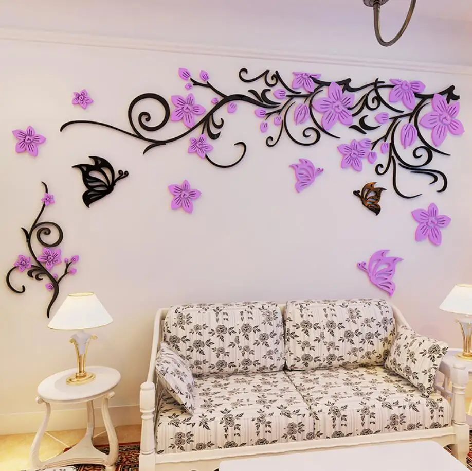 Supzone Large Pink Flower Wall Stickers 3D Floral Wall Decals Butterfl