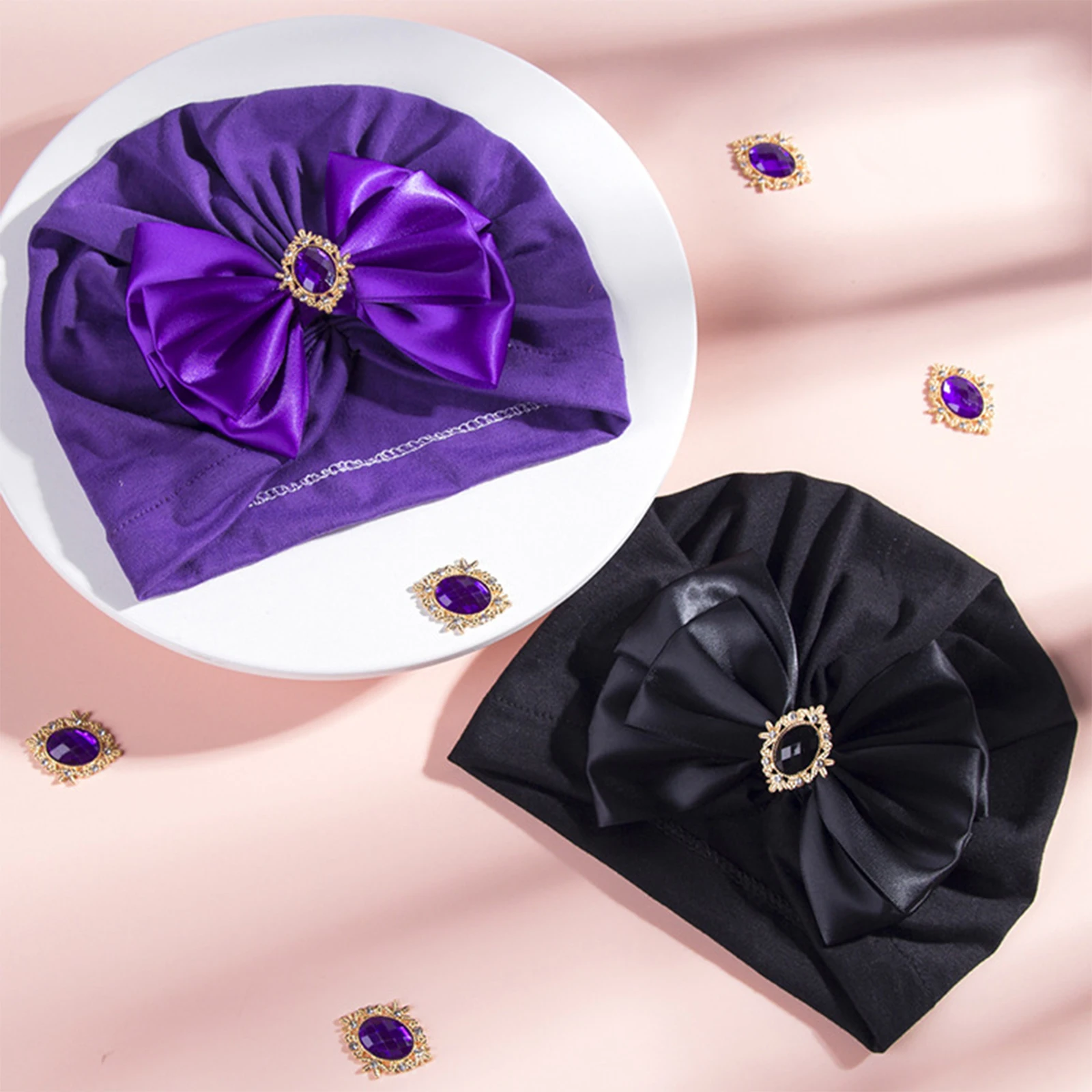 Baby Hat Infant Baby Girls Turban Cap, Shiny Crystal Beanie Hat Stretchy Bonnet Headwraps with Bow Knot 0-2Years