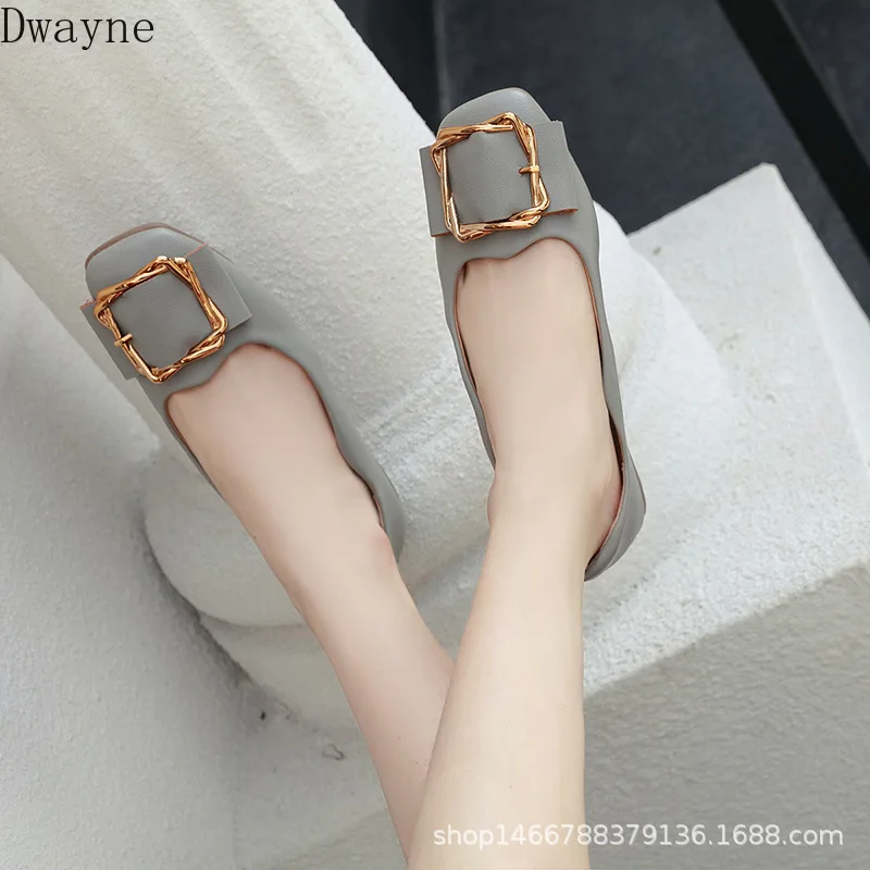Flat Single Shoes Square Toe Shallow Mouth Metal Buckle Peas Shoes Soft Comfort Casual Shoes Fashion Oxford Bottom Women's Shoes