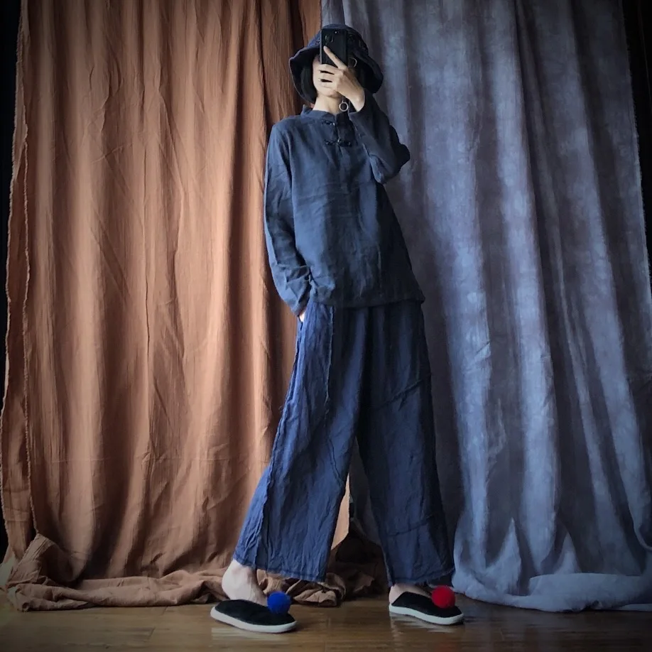Johnature Patchwork 2020 Autumn New Women Pants Linen Elastic Waist Loose Vintage Ankle-Length Linen Casual Straight Pants