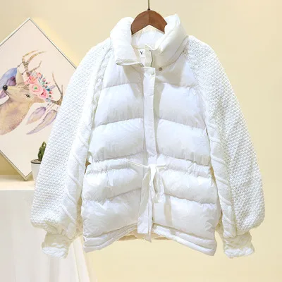 Зимняя куртка для женщин, новая мода, Женский вязаный рукав, лоскутное пуховое хлопковое пальто, женская Свободная короткая верхняя одежда на молнии, Женское пальто - Цвет: White