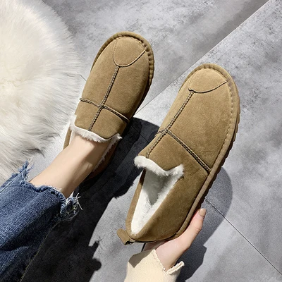 EOEODOIT Plus Size Cotton Shoes Women Autumn Winter Flat Heel Plush Loafers Anti Skid Snow Sneakers Shoes - Цвет: Коричневый