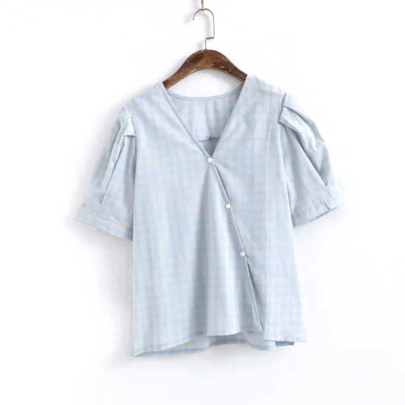Women 2020 Summer Retro Casual Slim Thin Girl V-neck Slant Placket Tops Female Bubble Sleeves Single-breasted Lattice Blouse
