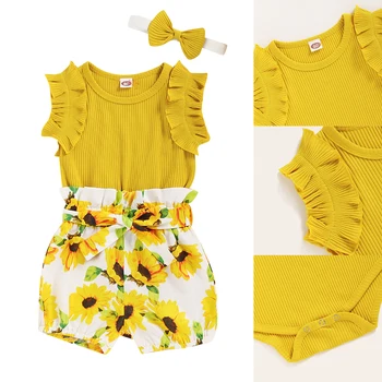 

Sunflower Baby Girls Clothes Outfits 3Pcs Ruffle Short Sleeve Bodysuit+Shorts+Headband Infant Clothing Suit Newborn Set D30