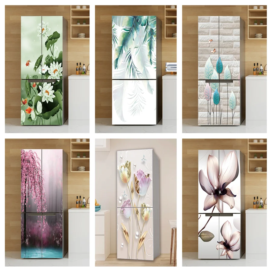Kitchen Fridge Sticker Vinyl Refrigerator Wallpaper Full Covers Self-adhesive Lotus Flower Mural Freezer Film Decor Poster Decal | Дом и сад