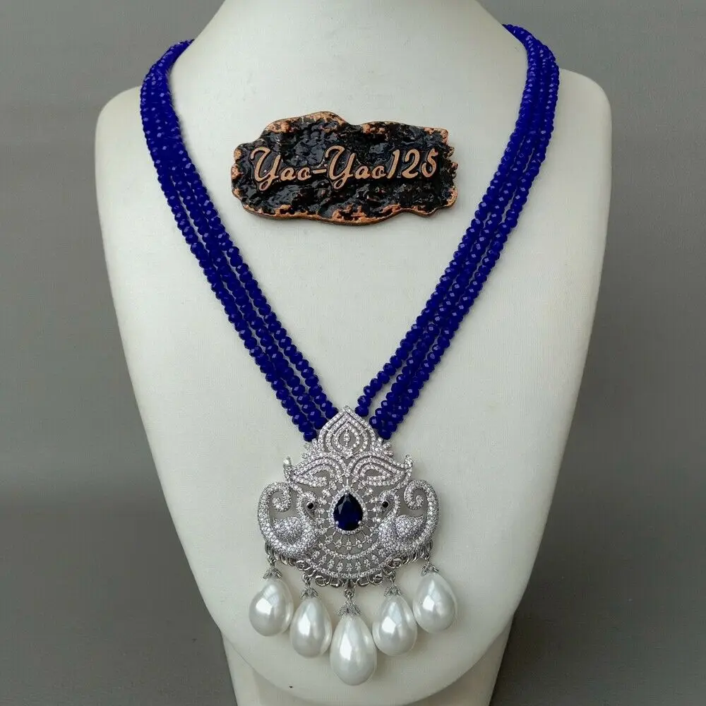 

19" 3 Rows Blue Jade Necklace White Sea Shell Pearl CZ Pendant