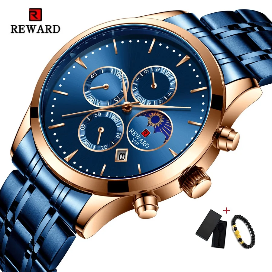 Gold Blue Роскошные золотые и синие часы для мужчин Moon Phase модные водонепроницаемые Стальные наручные часы для мужчин s кварцевые спортивные часы Relogio Masculino - Цвет: Gold Blue