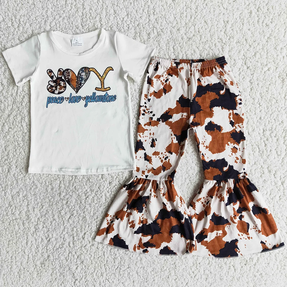 

Новая модная детская дизайнерская одежда, наряды для девочек, милая одежда для маленьких девочек, комплекты с штанами-колокольчиками, детская одежда с коровьим леопардовым принтом