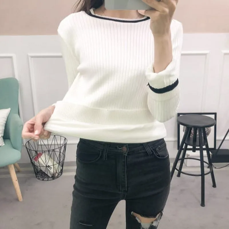 

2020 New Winter Womens O-Neck Pullover Streak Knitting Fleece Lining Warm Ladies Sweater Tops Slim Fit Fashionable Female Jumper