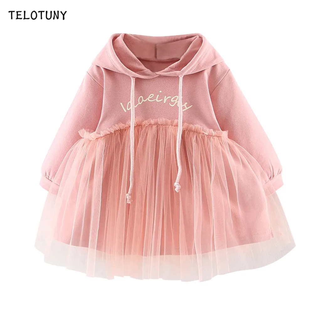 TELOTUNY; милые платья для маленьких девочек на День рождения; платье принцессы с длинными рукавами и капюшоном; платье из тюля с рюшами и надписью для девочек; vestido infantil; 823