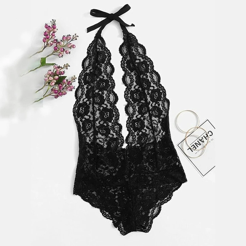 One Piece V-neck Lingerie Erotic Teddies Bodysuit Sexy Women Floral Lace Sexy Body Suit Plus Size Porno Costume Intimates Black bralette sets