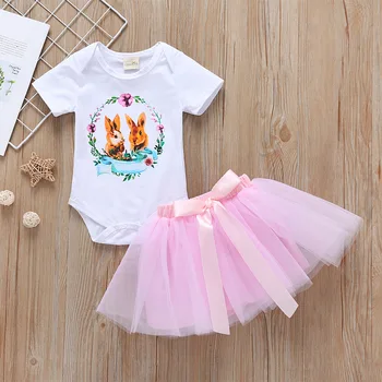 

Fashion Infant Cartoon Rabbit Print Clothing Set Summer Toddler Clothing Baby Girls Short Sleeve Romper + Tulle Skirt Set