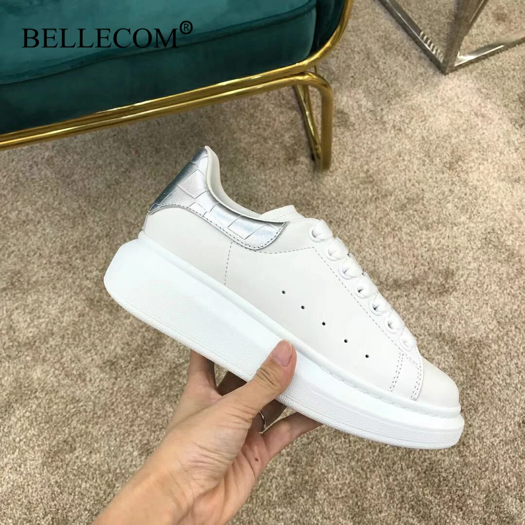 Bellecom/Новинка года; женские кроссовки на платформе; мужские кожаные туфли на плоской подошве; маленькие белые туфли; Повседневная обувь McQueen; zapatos mujer; Размеры 35-45 - Цвет: 4