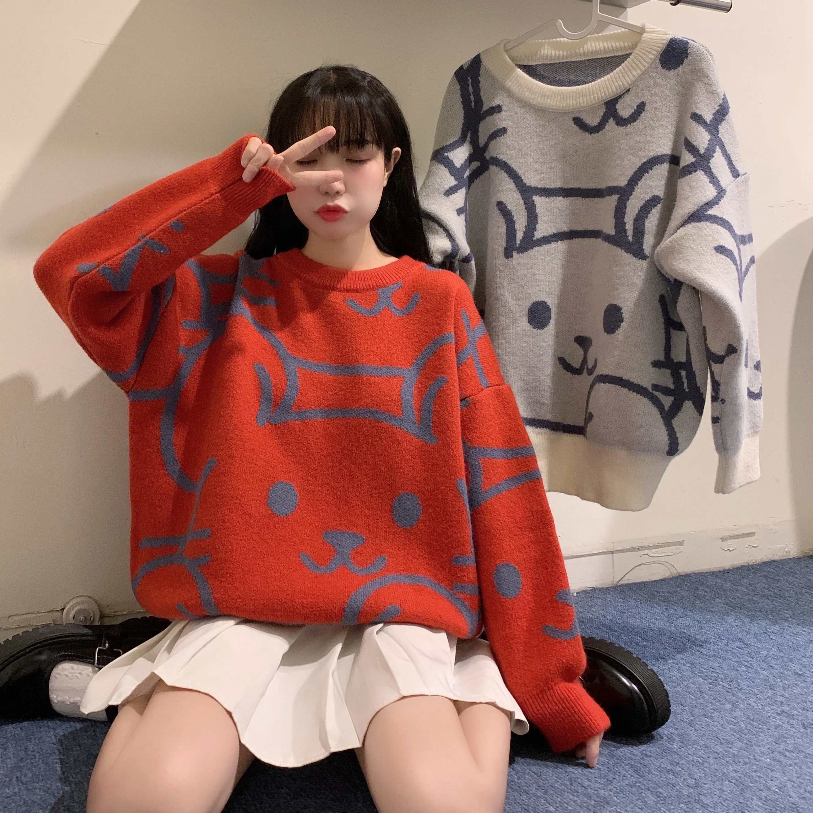 

Girls Loose Sweaters Female Knit Pullovers Teen Girls Knits JK Uniform Clothing Adorable Cartoon Knitwear Clothes for Women