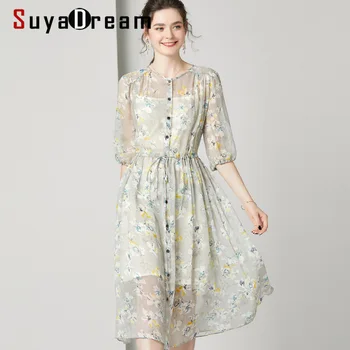 

SuyaDream Women Floral Print Long Dress 100%Silk Beach style Half Sleeved Round Collar Belted Waisted Dresses 2020 Summer New