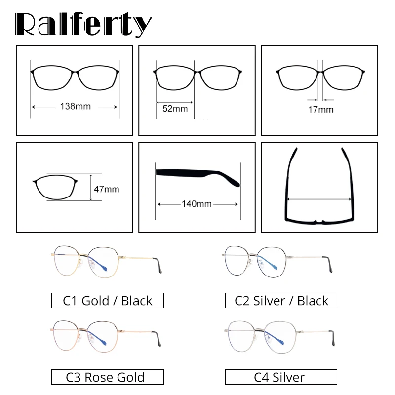 Ralferty, женские очки, синий светильник, очки для компьютера, круглая металлическая оправа для очков для близорукости, модные очки D2105