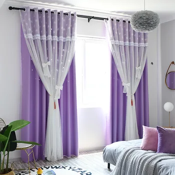 

Double Layer Blackout Curtains Hollow Star for Living Room Home Decor With White Voile Sheer Window Curtain Panels for Bedroom
