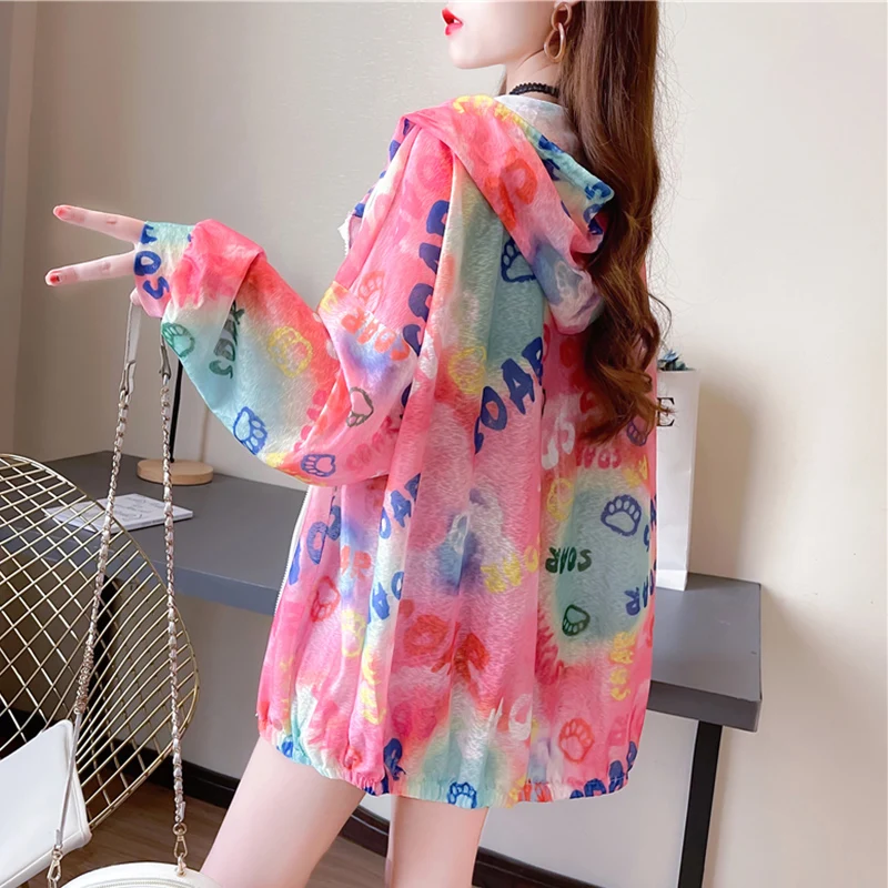 DAYIFUN-Women's Thin Jacket with Letter Printed Cardigans Sun Protection Clothing Hooded Zipper Shirts Female Outerwear Summer