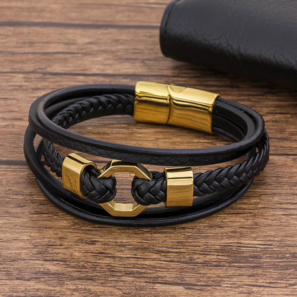 Tendy Fashion Luxury Braided Rope Stainless Steel Men Bracelet Leather Black Gold Magnetic Clasp Bangles Jewelry Gift For Father