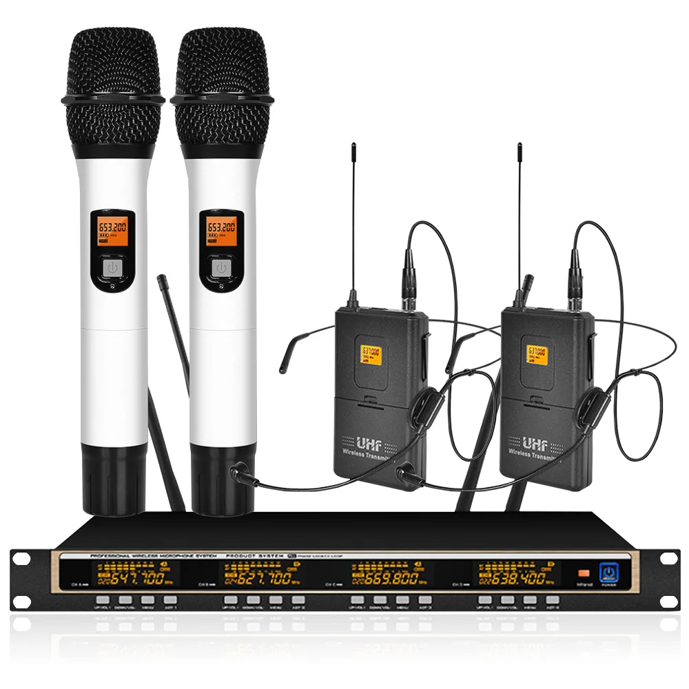 

Professional UHF Wireless Microphone System 2 Handheld 2 Headset Microphone Wireless Conference Microphone Stage School Chapel