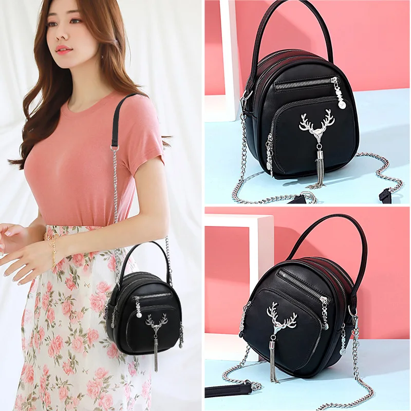 

Fashion Messenger Bag Women PU Leather Antler Tassel Elegant Chain Shoulder Handbag Female