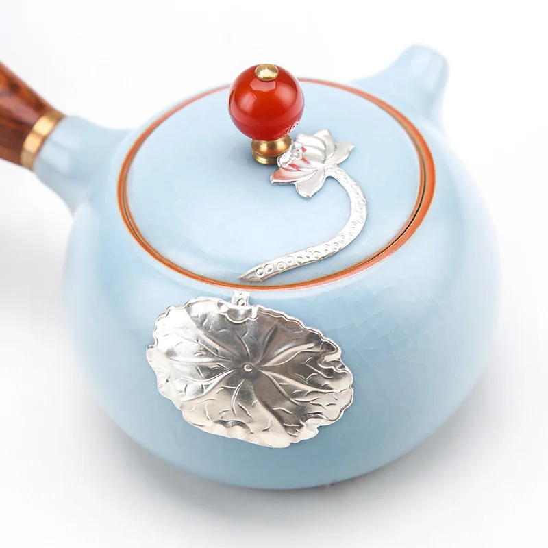 

Ru Kiln Side Handmade Silver Inlaid Teapot Split Ru Porcelain Single Pot Chicken Wing Wood Japanese Tea Maker Kung Fu Tea Set