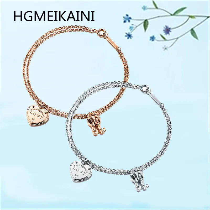 

HGMEIKAINI TIFF1:1 original Europe and the United States rose 925% pure silver bracelet golden key pendant charm ladies present