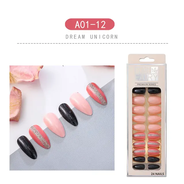 24PCS/box Loose Powder Jump Color Ballet Med-Length Fake Nails Gradient Aurora Marble Press on Full Cover Wearing Wearable Nails NO.1