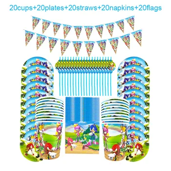 

100Pcs Cartoon Sonic Theme Kid Favor Birthday Party Paper Disposable Cup+Plate+Napkin+Straw+Flag Decoration Party Supplies