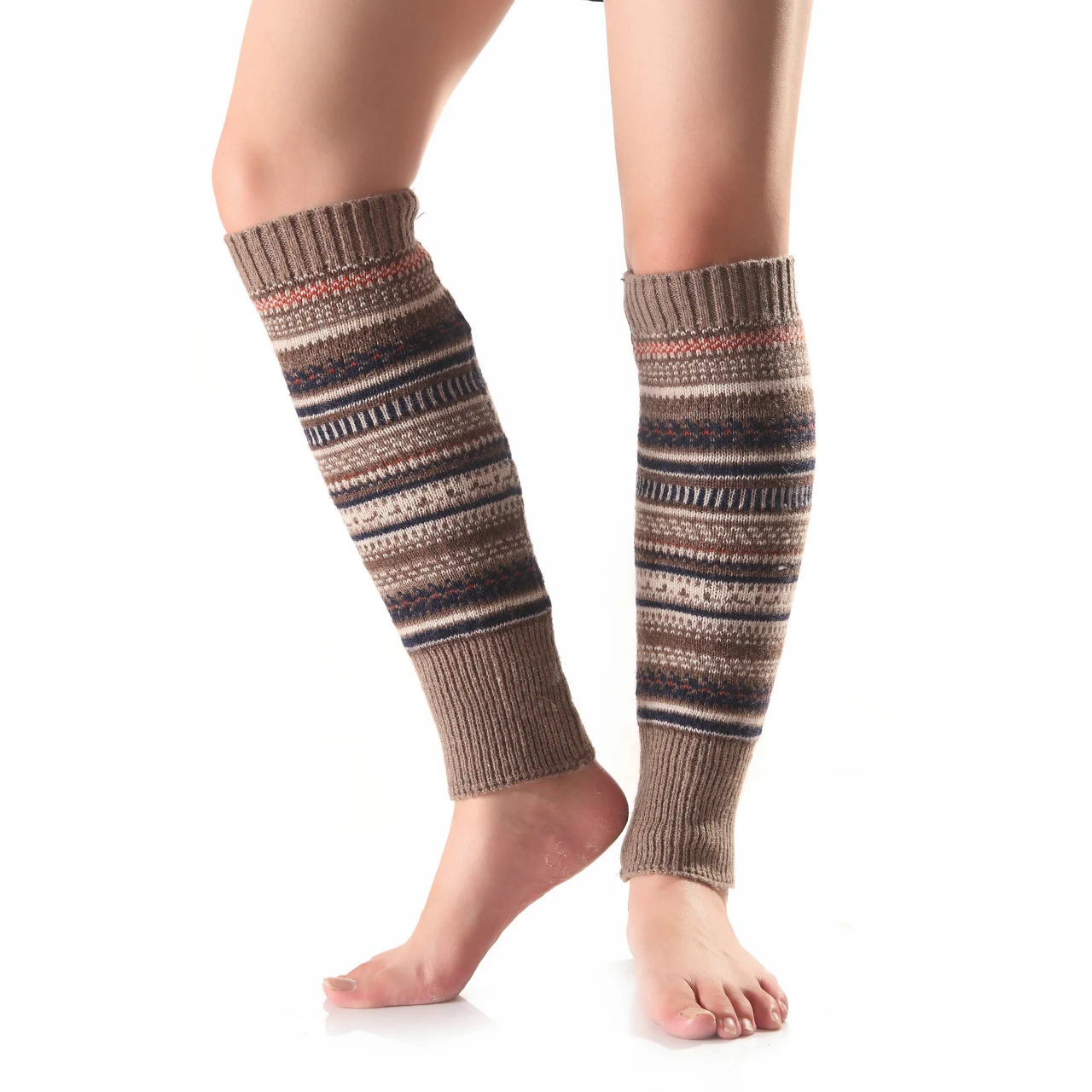 Womens European And American Autumn Winter Stripes Bohemian Style Warm Leggings Knee Length Knitted Leg Warmers One Size
