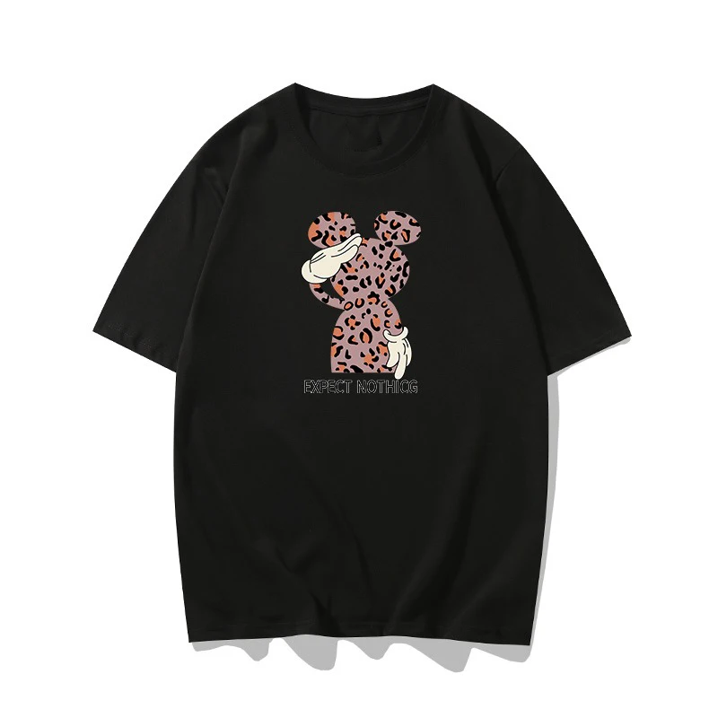 

2022 Disney Fashion Mickey MouseLeopard Print T-Shirt Harajuku Women Short Sleeve Female Casual O-Neck Loose Tee Tops 4 Colors
