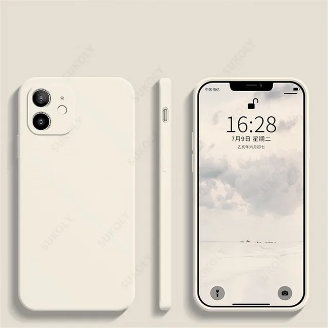 Luxury Liquid Silicone Case on For iPhone 13 11 12 Pro Max SE 2 2020 XS Max XR X 7 8 6 6S Plus Cover Soft Camera Protection Case Ivory