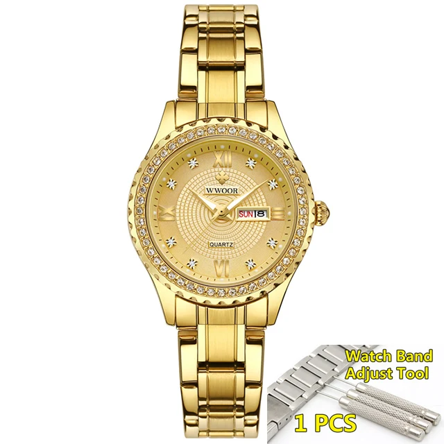 Новинка WWOOR женские часы Топ люксовый бренд модные повседневные женские кварцевые наручные часы из нержавеющей стали Сетчатое платье часы для девочки - Цвет: gold gold