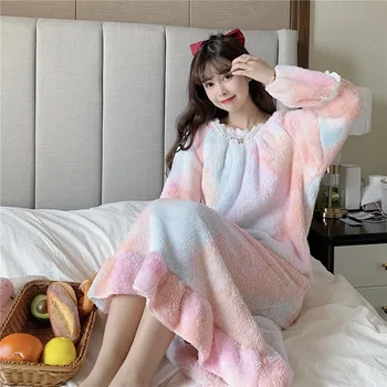 

Nightdress Female Sexy Sweet Tie Dye Print Plus Velvet Warm Sleepwear Women Winter Loose Lace Comfort Thicken Long Home Dress