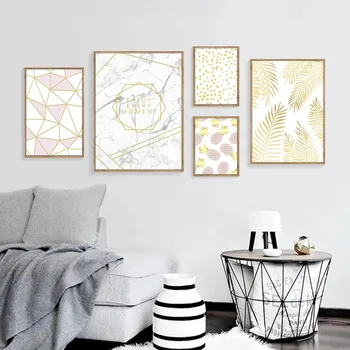 

Nordic Golden Combination Minimalist Golden English Pineapple Leaves Abstract Geometry Canvas Painting Wall Art Picture Decor