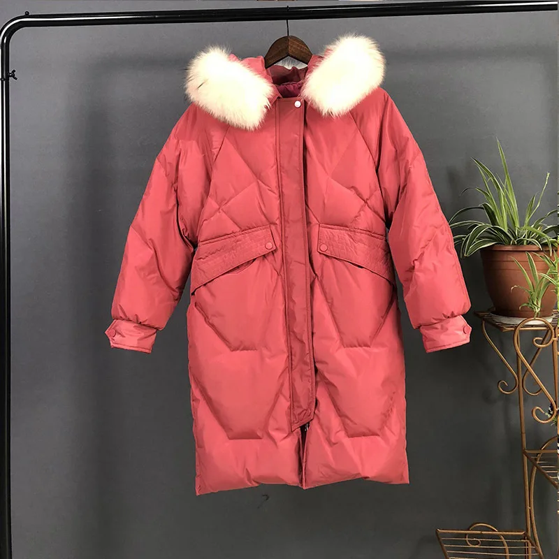 

New Large Natural Raccoon Fur Down Winter Jackets Women Hooded White Duck Down Coat Female Warm Snow Outwear