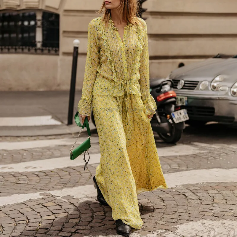 

Luxury Designer Brand Dress for Women Fashion Ruffle Yellow Floral Long Sleeve Pleated Long Dress