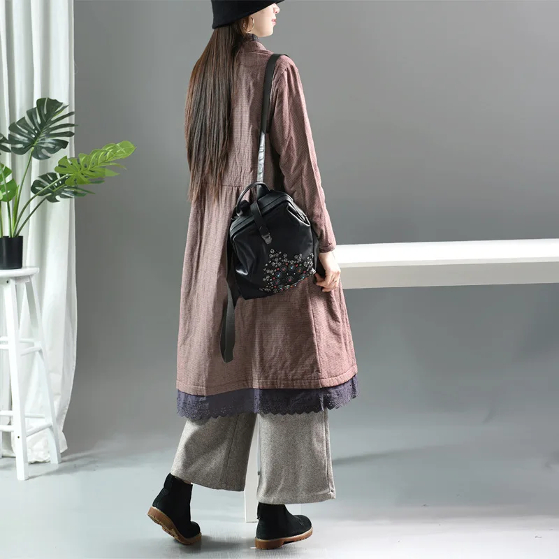 

National Wind Retro Cotton Linen Thick Quilted Coat Literature And Art Plaid Thick Lace Joint Mid-length Cotton-padded Clothes C