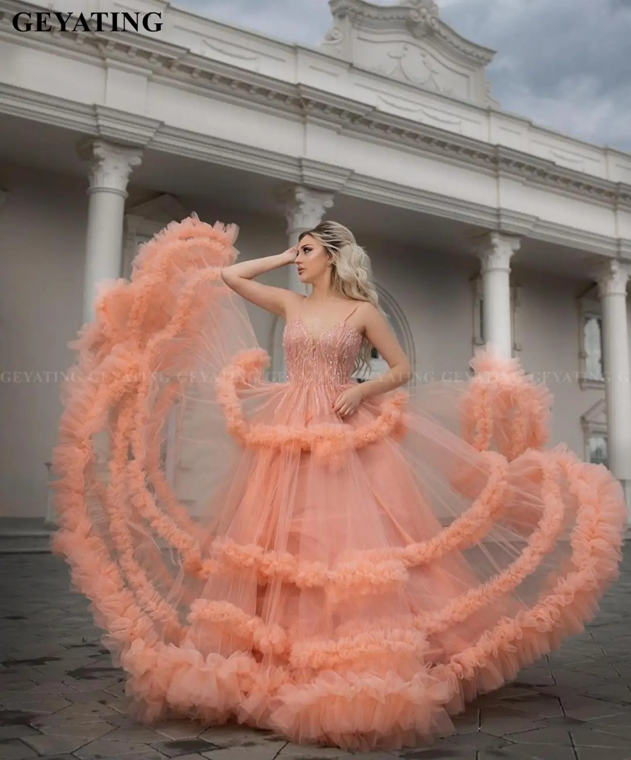 Vestidos de 16 años, арабское Коралловое Тюлевое Пышное Бальное Платье, пышные платья пикантные тонкие бретельки, бисерные Бальные платья из Дубаи