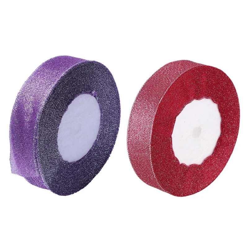

2 Pcs 22 Metres 25Mm Double Sided Satin Glitter Ribbons Bling Bows Reels Wedding , Purple & Rose Red