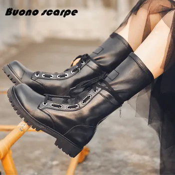 

2020 New Winter Martin Boots Women Fashion Genuine Leather Lace-Up Thick Bottom Army Boots Round Toe Patchwork Knight Boots
