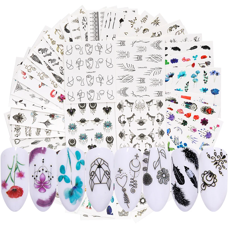 

LEMOOC 45Pcs/Set Black Flower Water Transfer Decals Colorful Nail Art Stickers Butterfly Lace Dream Catcher Nail Stickers